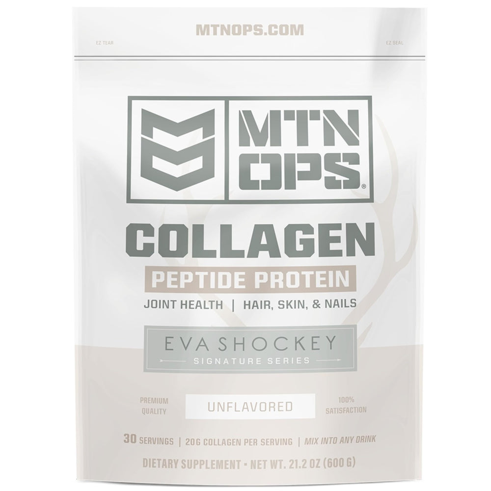 MTN OPS Collagen Peptide Powder front label showing 20g protein per serving for daily support.