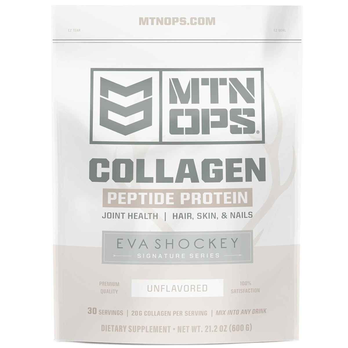 MTN OPS Collagen Peptide Powder front label showing 20g protein per serving for daily support.