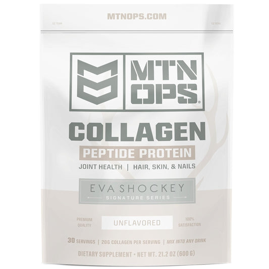 MTN OPS Collagen Peptide Powder front label showing 20g protein per serving for daily support.