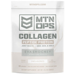 MTN OPS Collagen Peptide Powder front label showing 20g protein per serving for daily support.