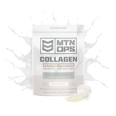 Close-up of MTN OPS scoop with collagen peptides for easy mixing and smooth texture.