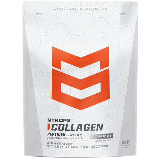 MTN OPS Collagen To-Go pack showing convenient single-serve sticks for on-the-go nutrition.