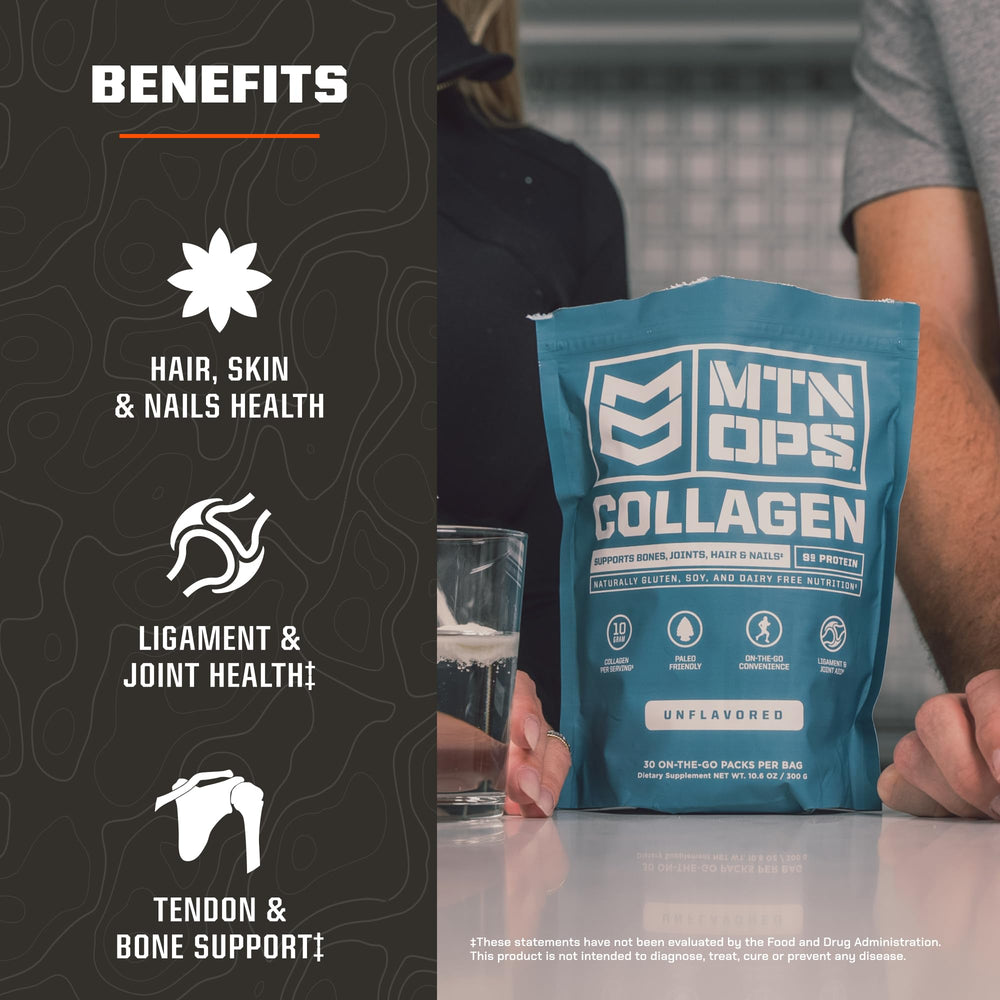 Open MTN OPS collagen to-go packet showing unflavored powder ready to mix.