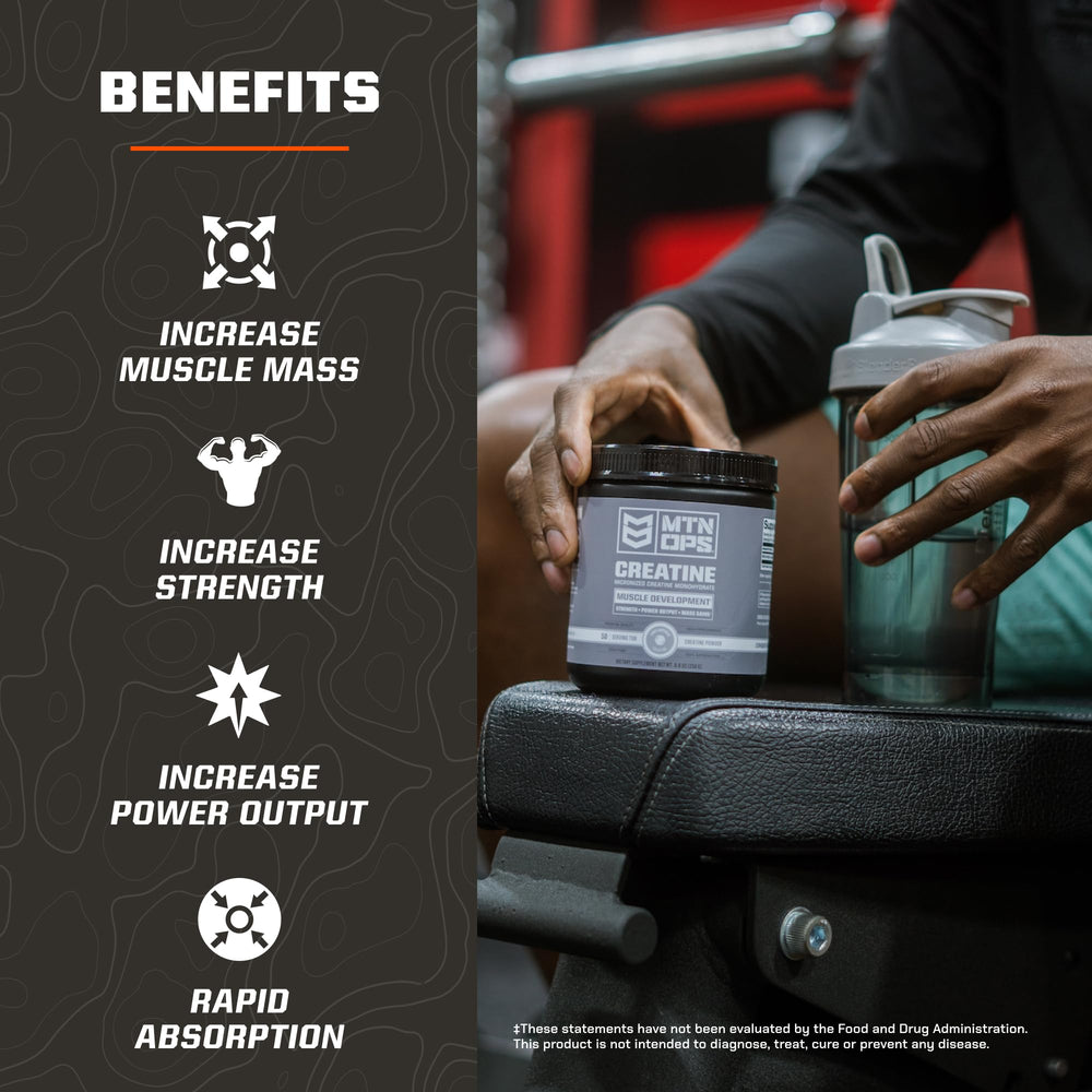 MTN OPS creatine monohydrate unflavored powder ideal for versatile shakes.