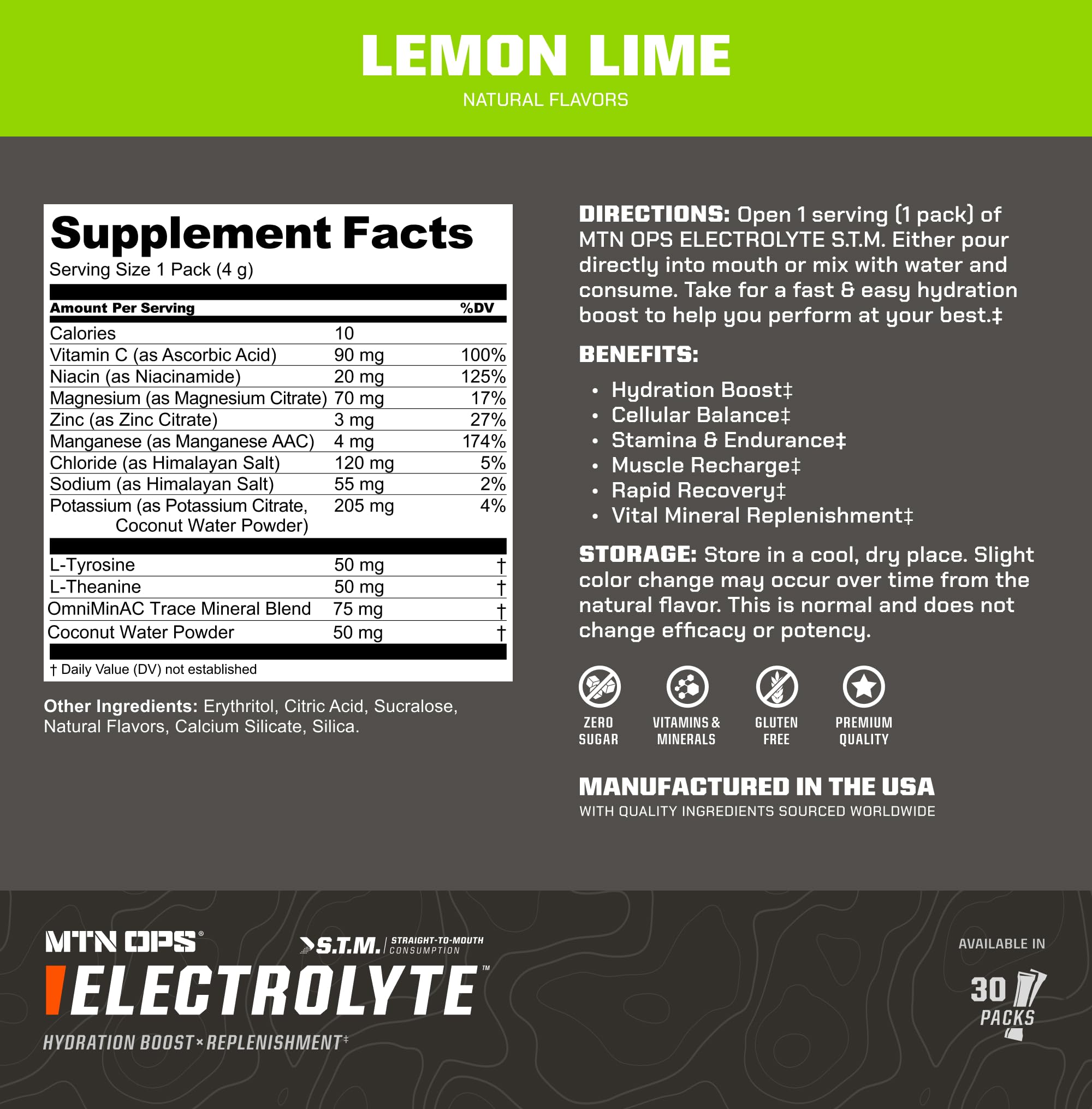 MTN OPS electrolyte packaging emphasizing sugar-free and gluten-free features
