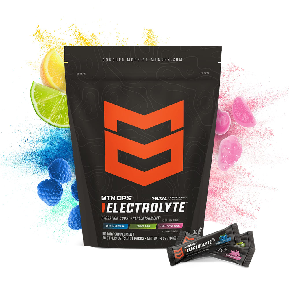 MTN OPS electrolytes packets closeup highlighting sugar-free formula