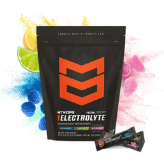 MTN OPS electrolytes packets closeup highlighting sugar-free formula