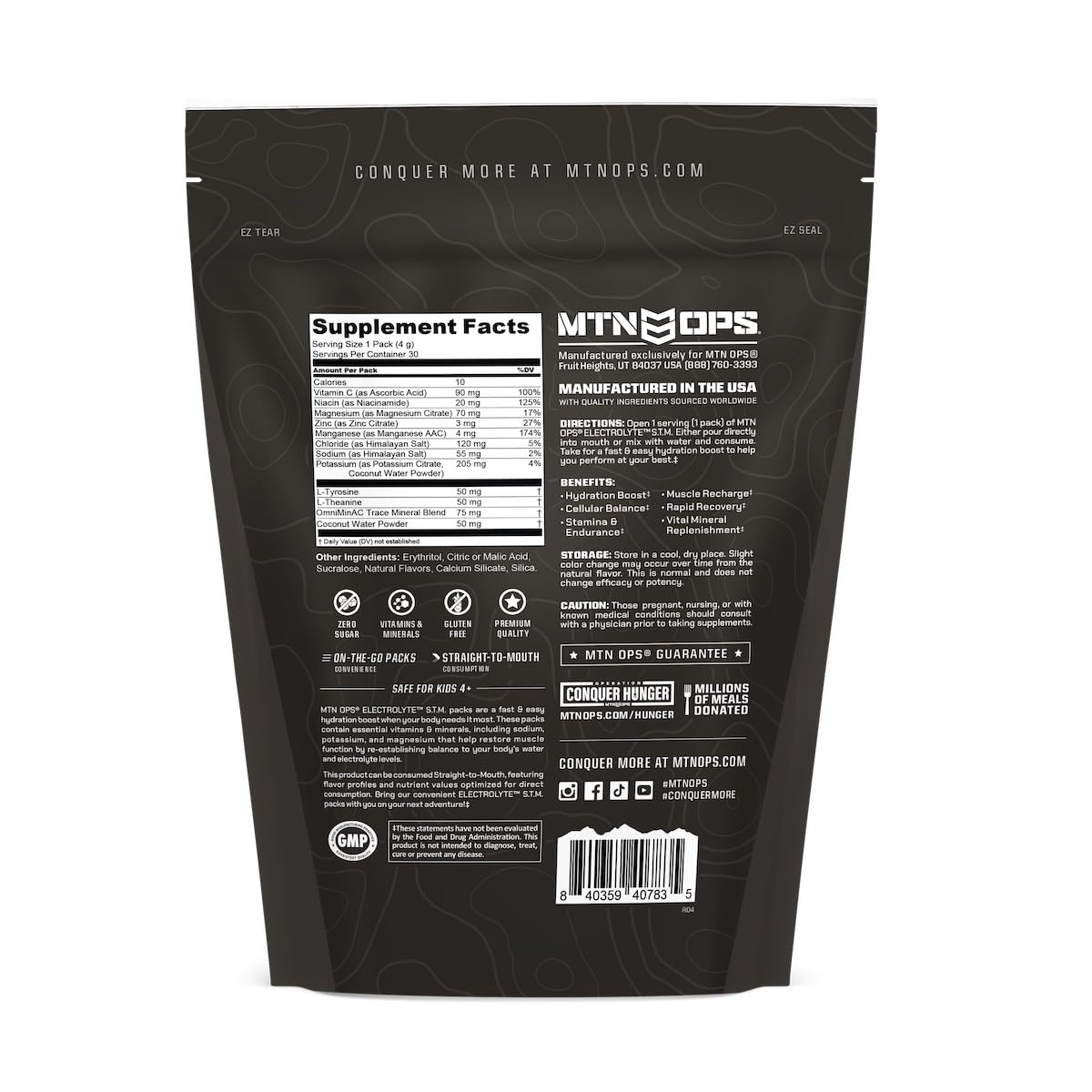MTN OPS Electrolytes travel pack displayed on a shelf for portability