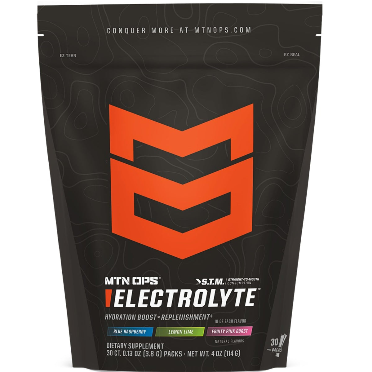 MTN OPS Electrolytes variety pack box front showing on-the-go hydration option