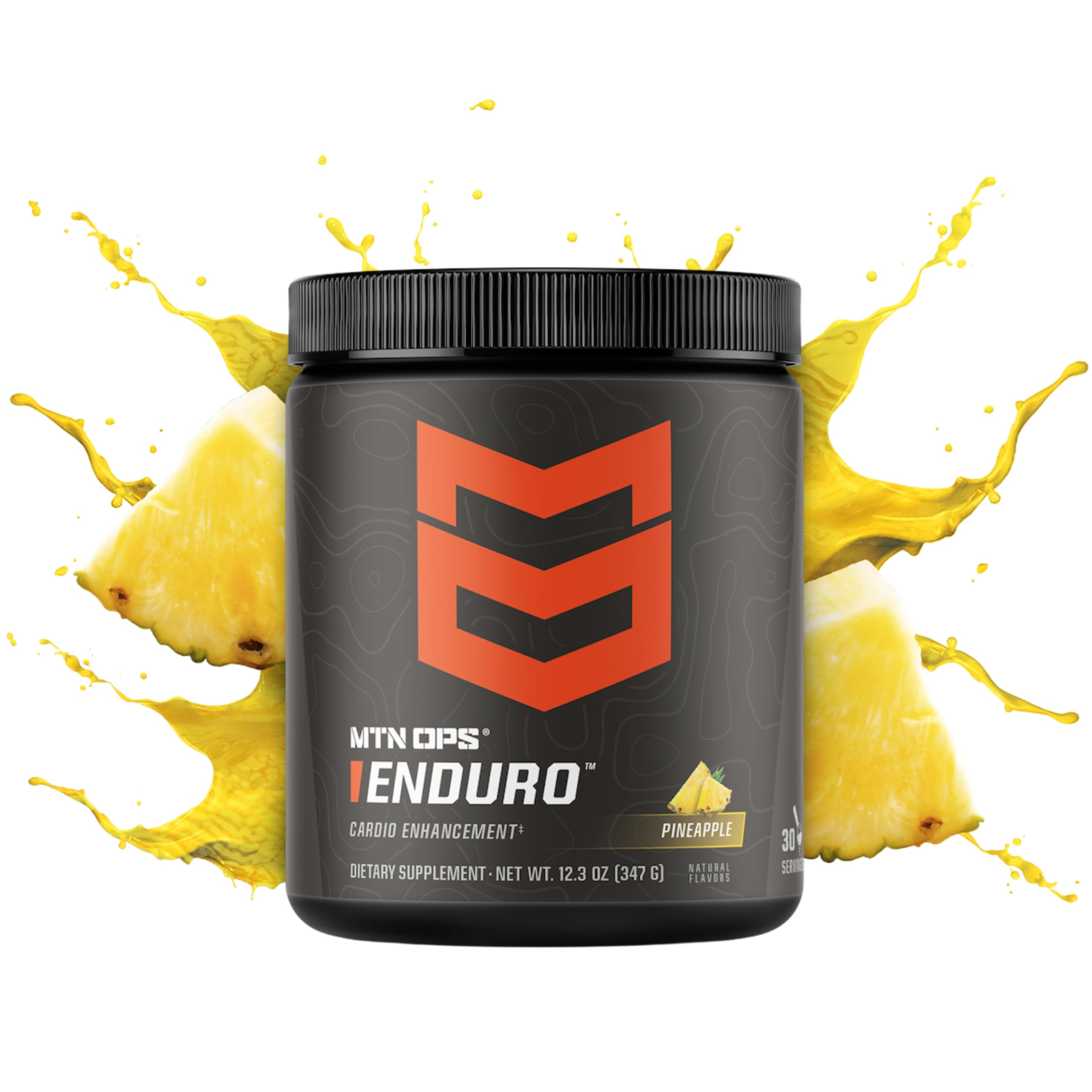 MTN OPS Enduro bottle label with pineapple crush flavor and gluten-free formula
