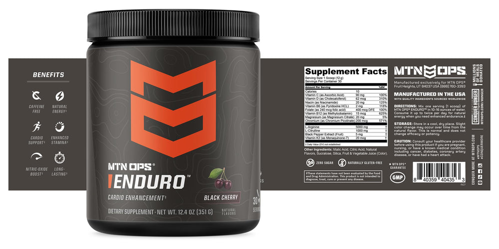 MTN OPS Enduro bottle emphasizing gluten-free and non-stimulant formula