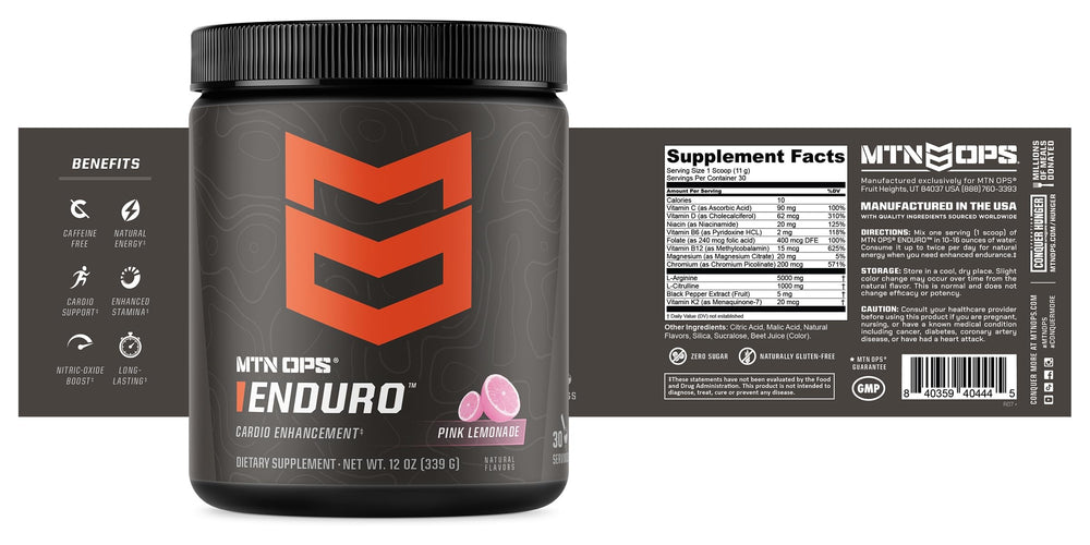 Packaging with gluten-free badge on MTN OPS Enduro bottle.
