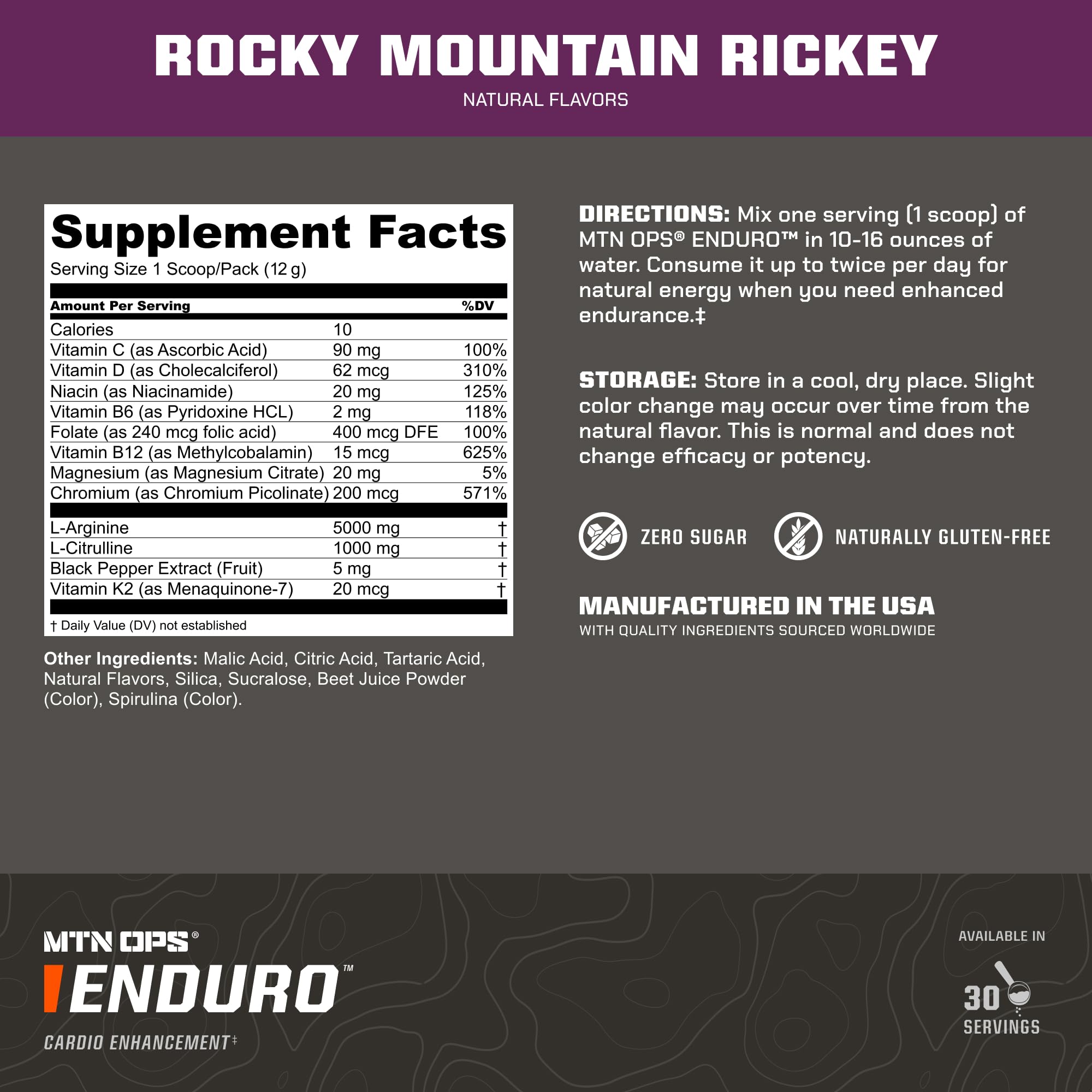 MTN OPS Enduro label close-up shows gluten-free formula.