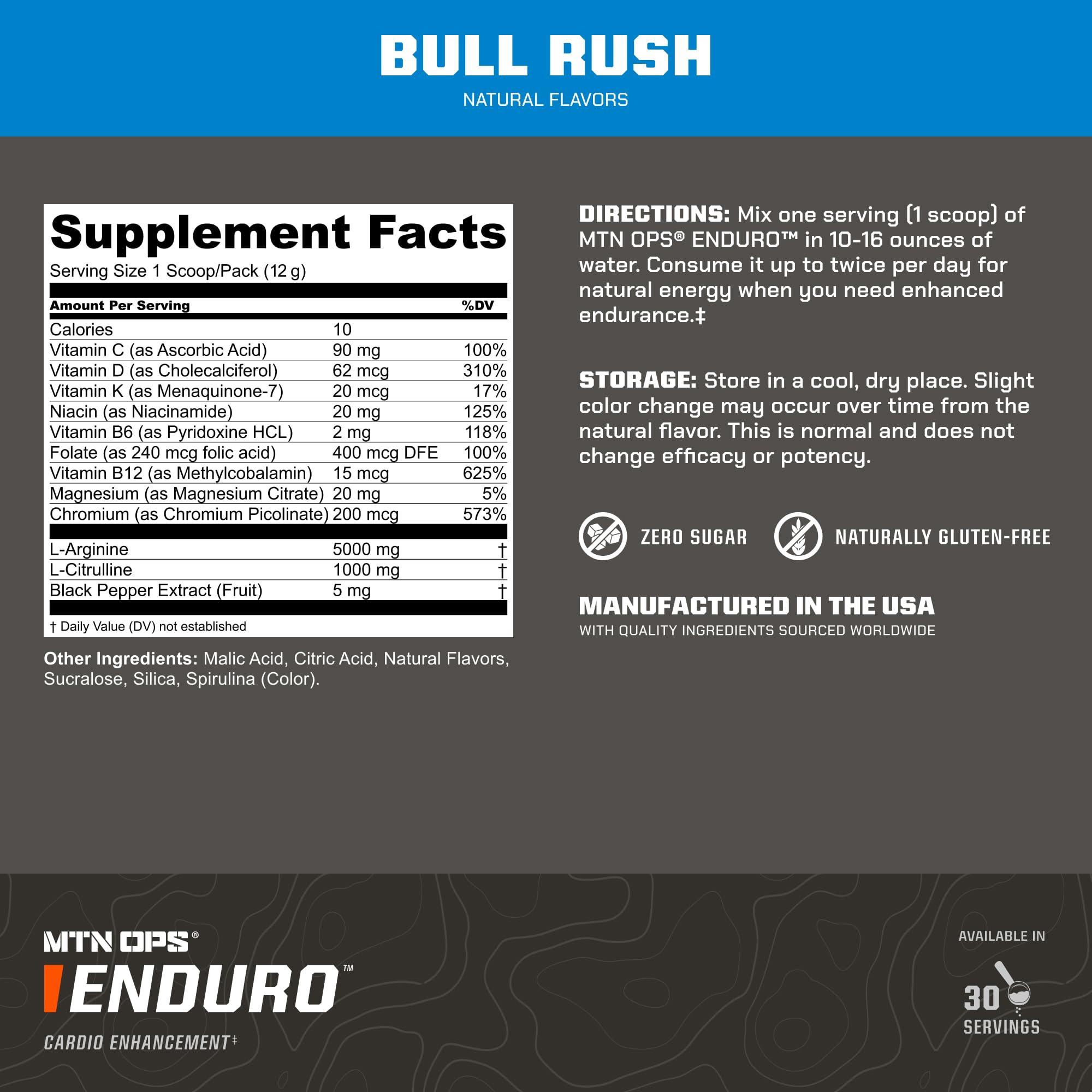 MTN OPS Enduro Nitric Oxide powder being poured into water for caffeine-free energy