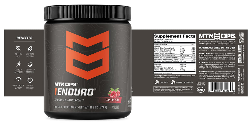 MTN OPS Enduro non-caffeinated formula suitable for sensitive athletes.