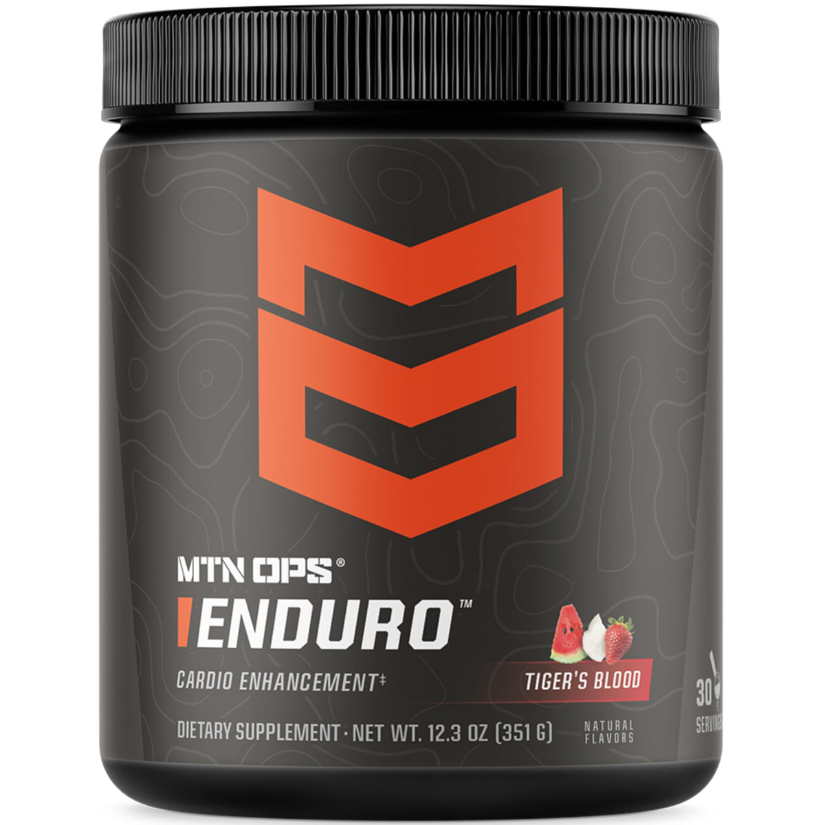 MTN OPS Enduro powder in tiger's blood flavor for a non-stim pre-workout boost.
