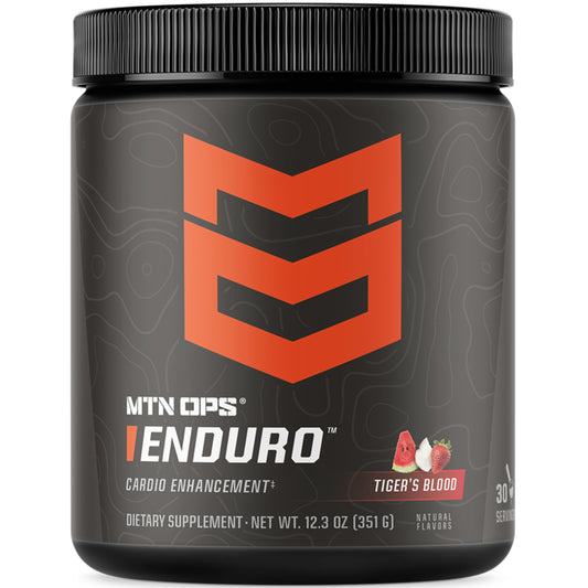 MTN OPS Enduro powder in tiger's blood flavor for a non-stim pre-workout boost.