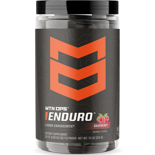 MTN OPS Enduro Trail Pack Raspberry tub front, non-stim pre workout for steady energy.