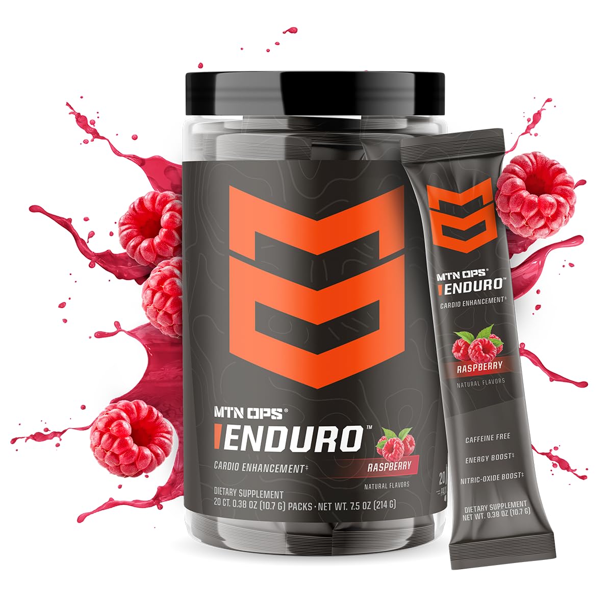 MTN OPS Enduro Trail Pack Raspberry tub side, caffeine-free formula for daily use.