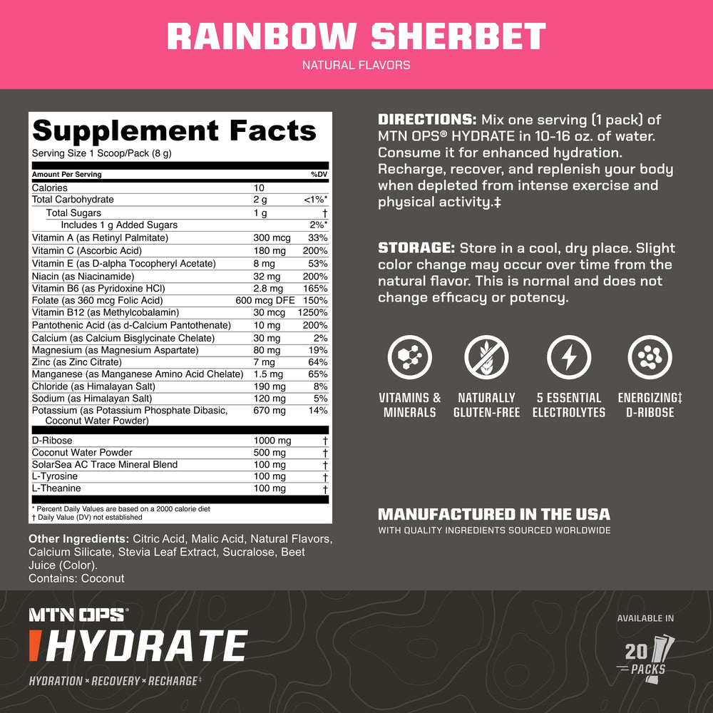 MTN OPS Hydrate electrolyte blend powder ready to mix supports training sessions.