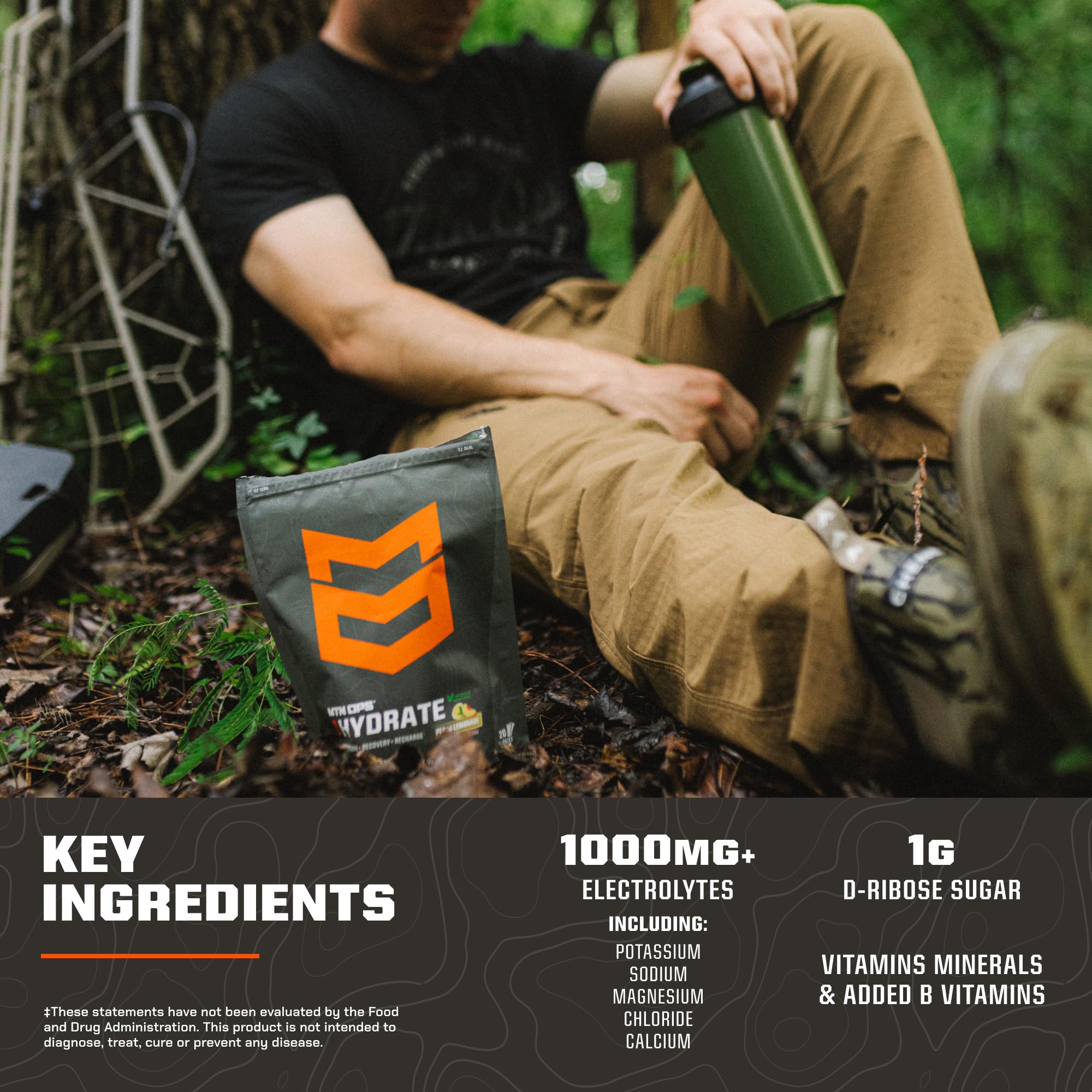 Close-up of MTN OPS Hydrate label highlighting gluten-free and monk fruit.