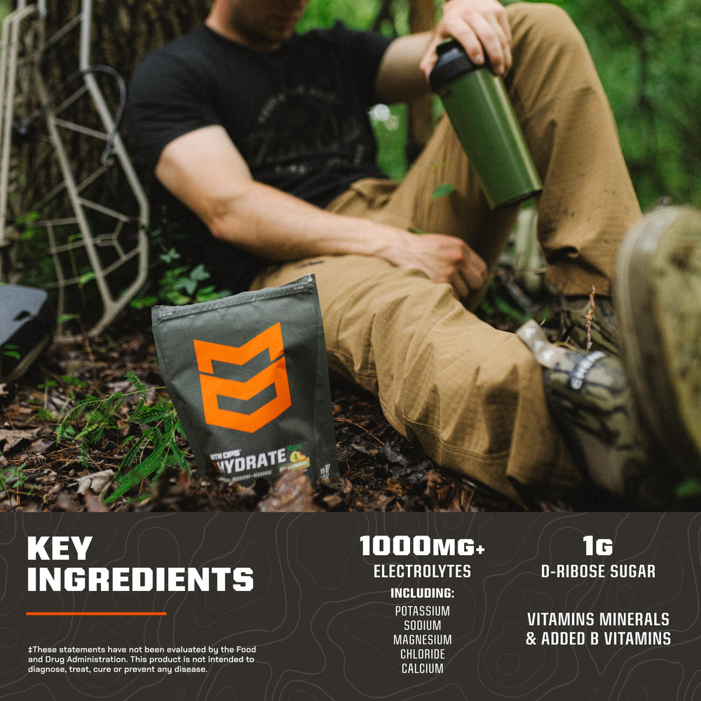 Close-up of MTN OPS Hydrate label highlighting gluten-free and monk fruit.
