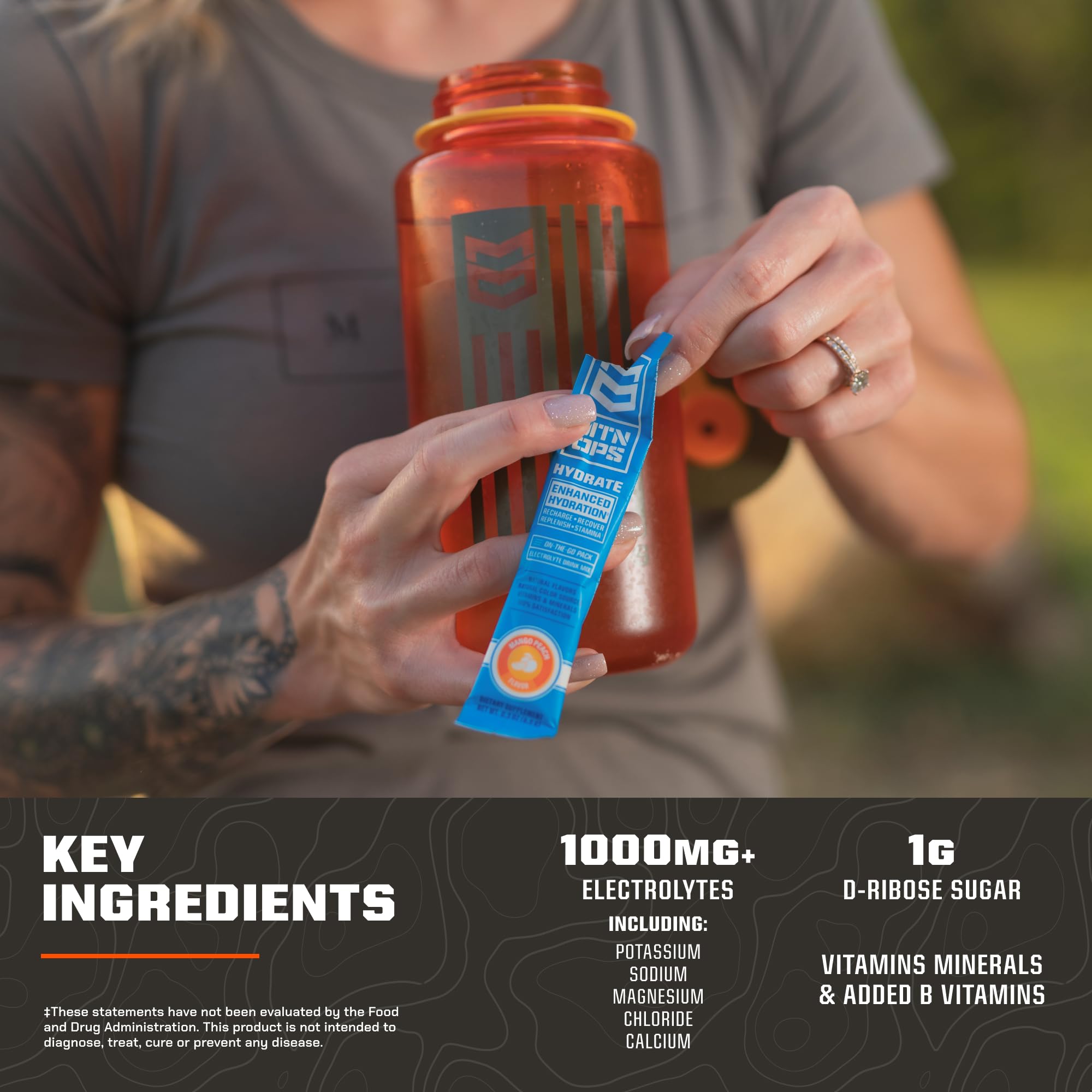 MTN OPS Hydrate nutrition facts highlight electrolytes and vitamins.