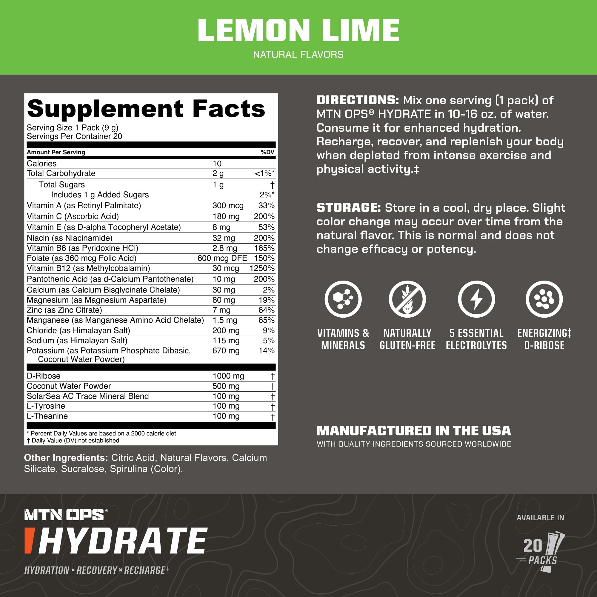 MTN OPS Hydrate lemon-lime powder dissolving in water for quick hydration.