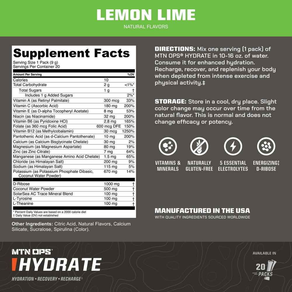 MTN OPS Hydrate lemon-lime powder dissolving in water for quick hydration.