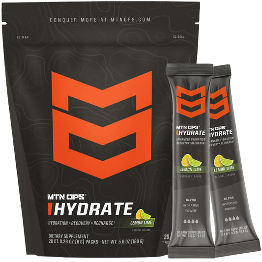 MTN OPS Hydrate lemon-lime packets front for convenient on-the-go hydration.