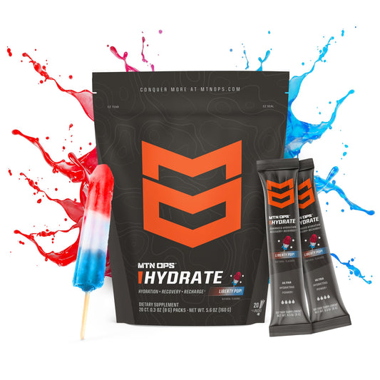 MTN OPS Hydrate powder pour showing fast-absorption electrolytes.