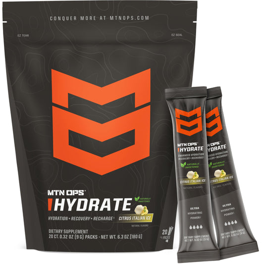 MTN OPS Hydrate on-the-go packs for natural hydration during workouts.