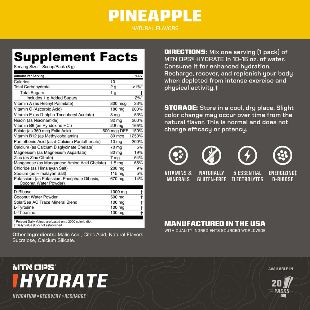 MTN OPS Hydrate on-the-go packs with pineapple flavor for outdoor adventures.
