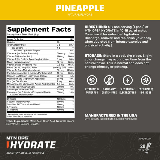MTN OPS Hydrate on-the-go packs with pineapple flavor for outdoor adventures.