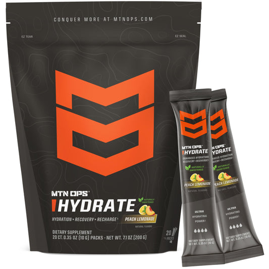 MTN OPS Hydrate peach lemonade single-serving pack on-the-go for workouts.
