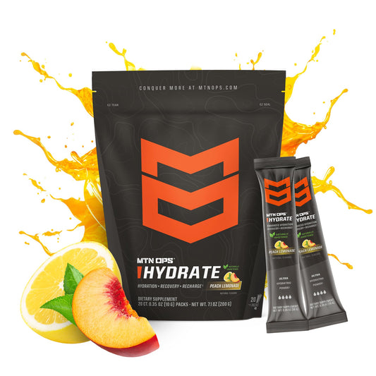MTN OPS Hydrate powder dissolving in water for fast electrolyte replenishment.