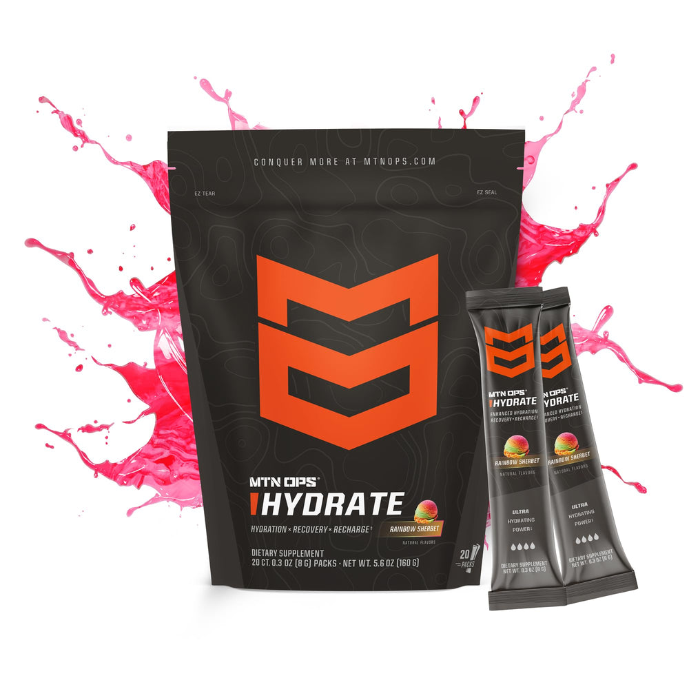 MTN OPS Hydrate Rainbow Sherbet flavor refreshes during workouts with a tasty option.