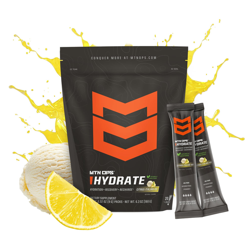 MTN OPS Hydrate sachet opening shows convenient single servings for travel.