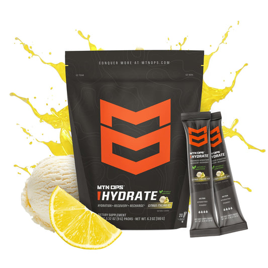 MTN OPS Hydrate sachet opening shows convenient single servings for travel.