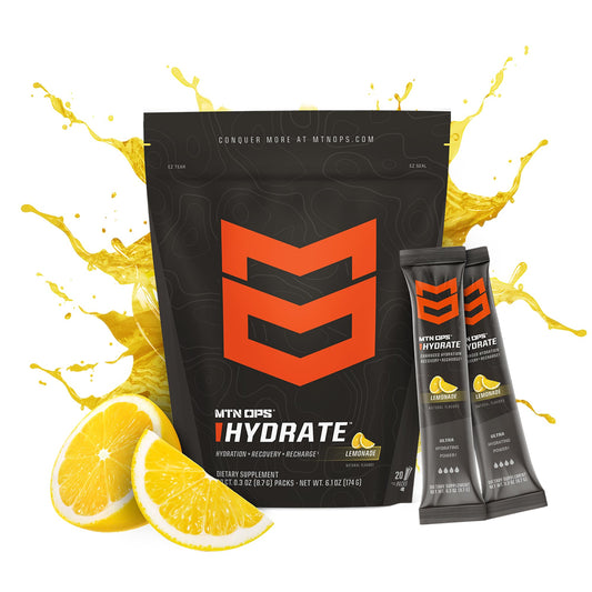 MTN OPS Hydrate single-serve packet on the go highlighting convenient travel hydration