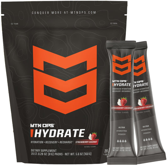 MTN OPS Hydrate strawberry coconut packet front for convenient on-the-go hydration.