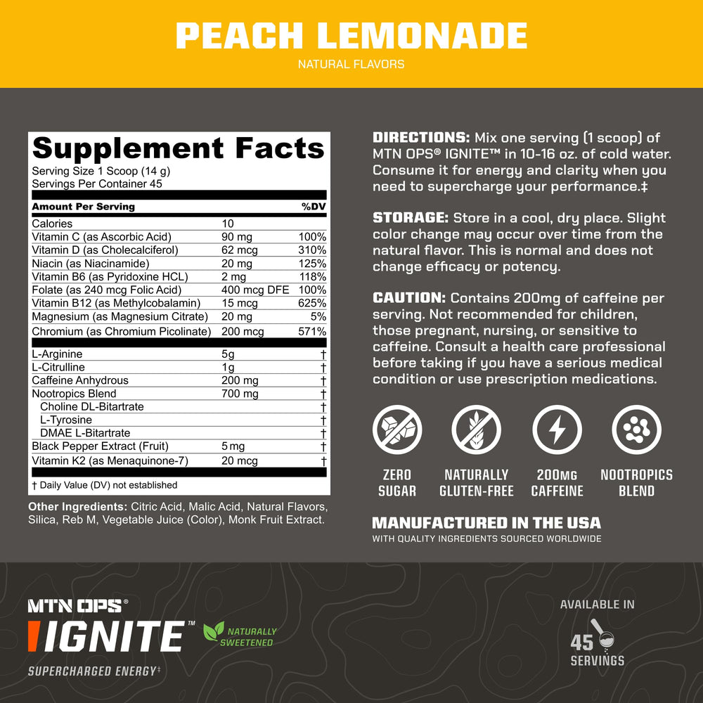 MTN OPS Ignite Brain Blend nootropic label highlighting cognitive support