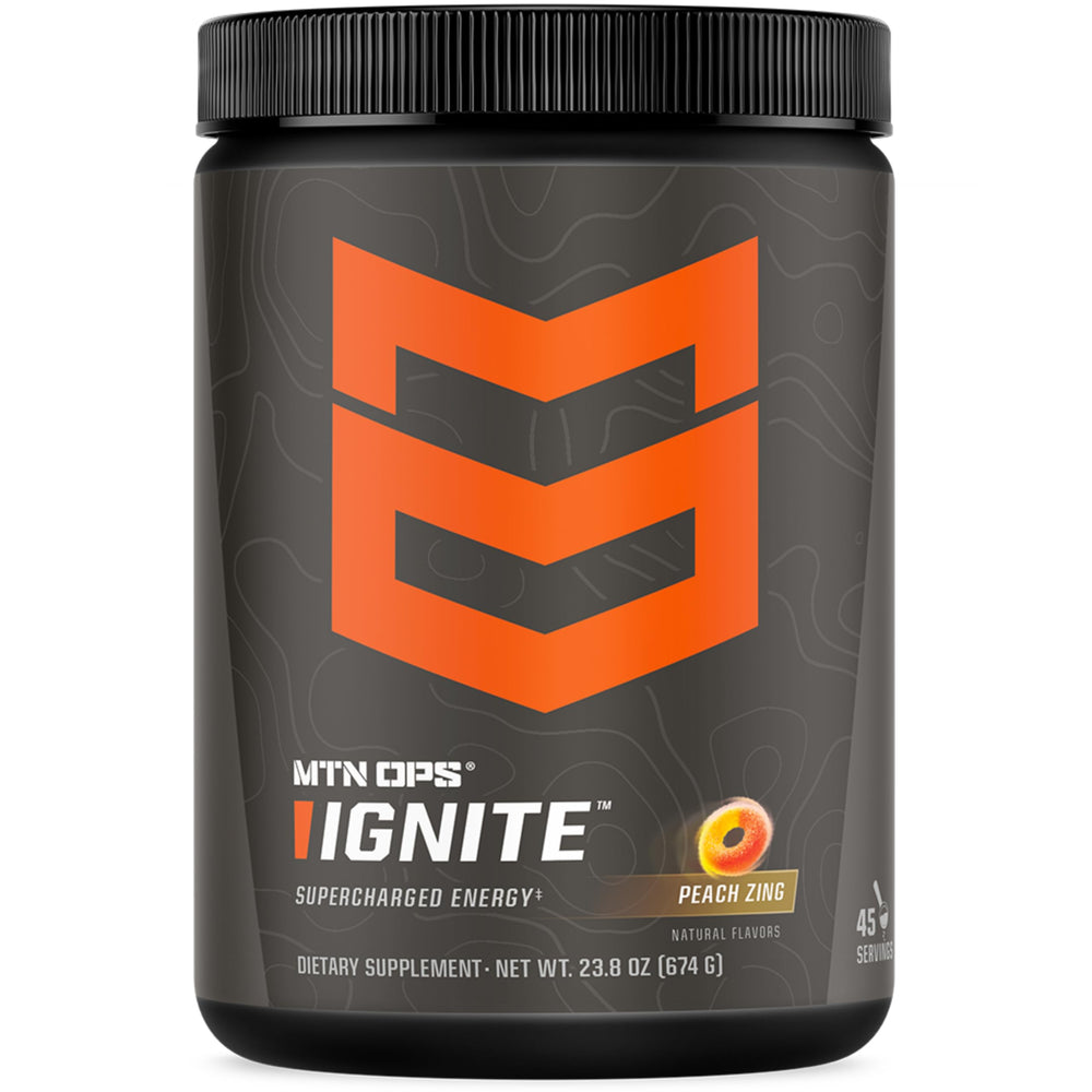 MTN OPS Ignite energy drink powder canister highlighting gluten-free formula for steady energy