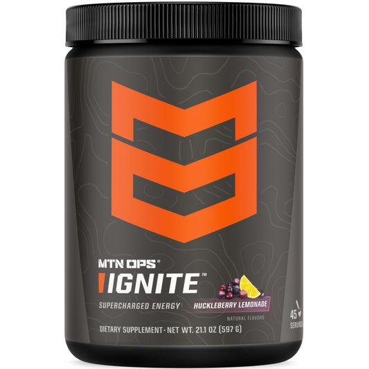 MTN OPS Ignite energy powder label with gluten-free formula and flavor
