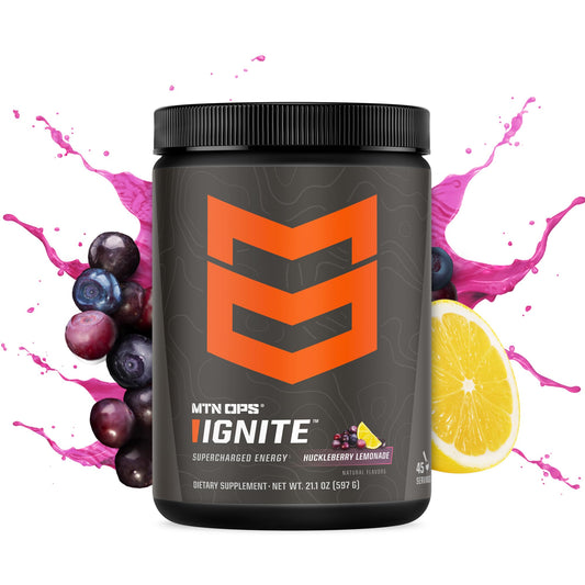 Close-up of MTN OPS Ignite label on the powder tub for gluten-free appeal