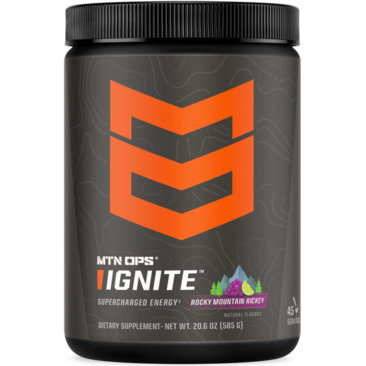 MTN OPS Ignite powder can with scoop for steady energy and focus during workouts