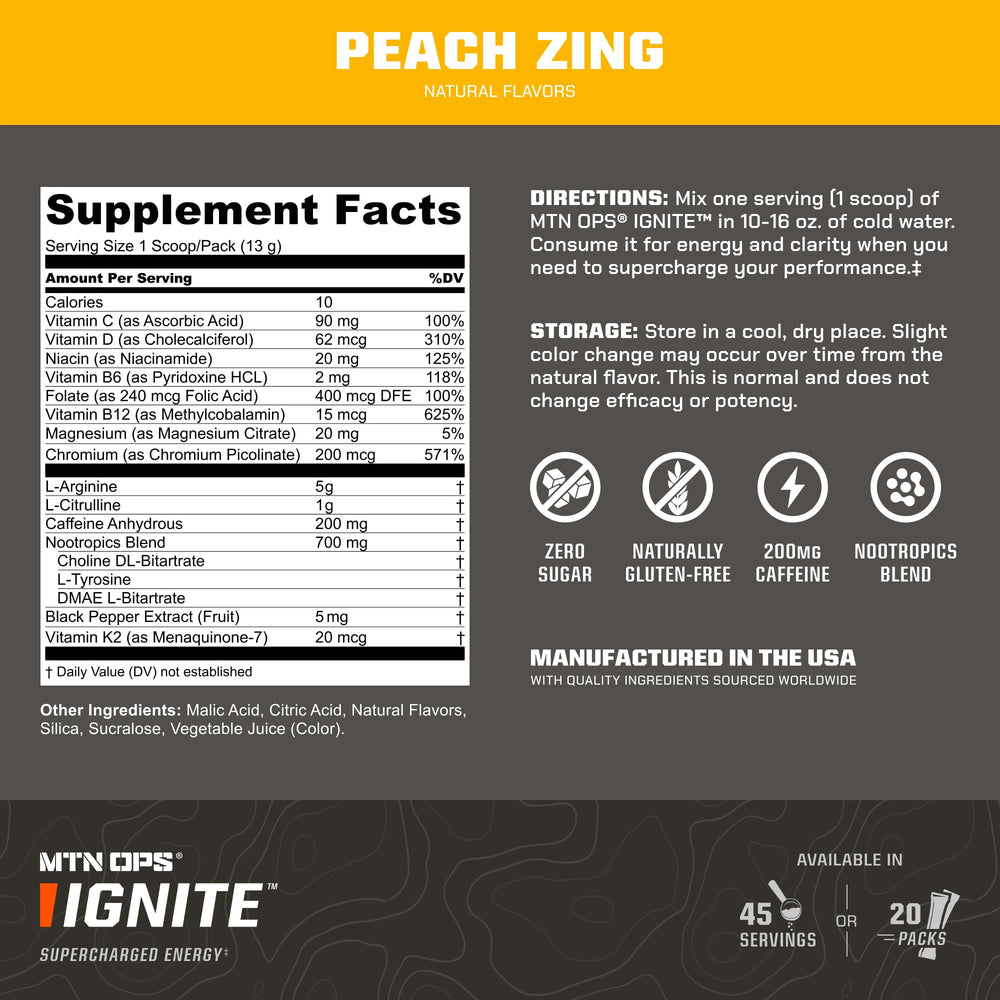 Close-up of gluten-free label on MTN OPS Ignite tin for dietary suitability