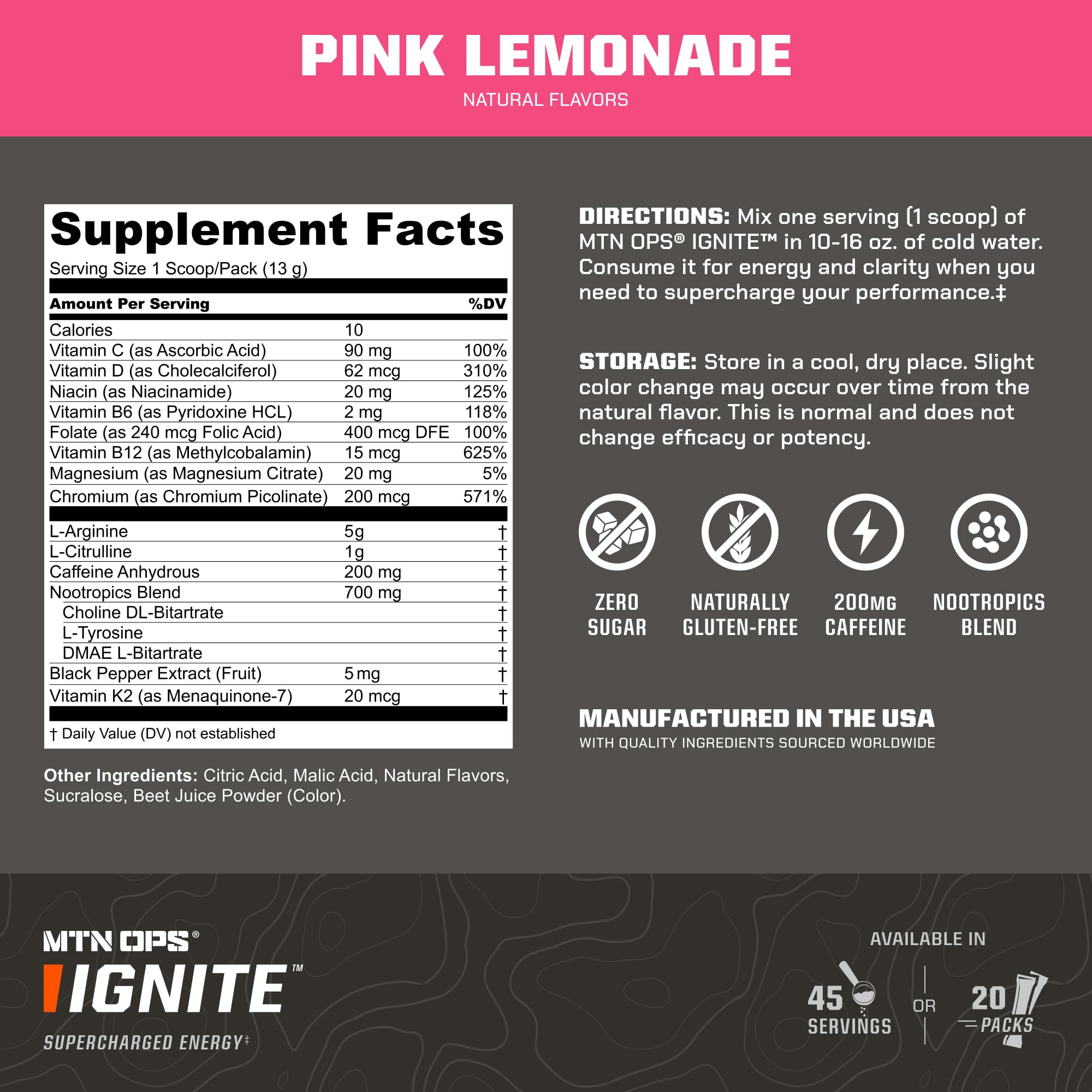 MTN OPS Ignite gluten-free label shows purity for mindful fueling.
