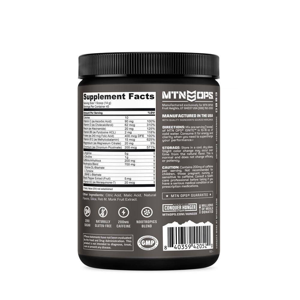 MTN OPS Ignite gluten-free sugar-free powder in cup.