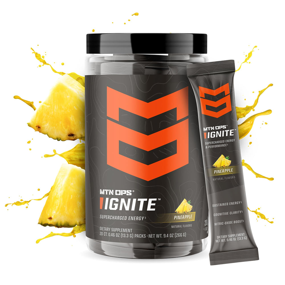 MTN OPS Ignite label close-up highlighting ingredients and gluten-free formulation